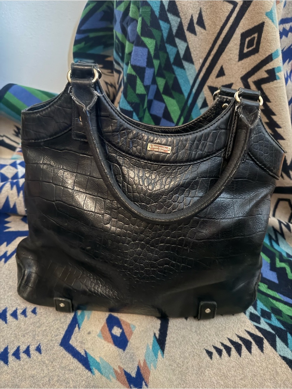 Kate SpadeBlack Black Croc-Embossed Leather Stevie Carlsbad Tote - Women Bags